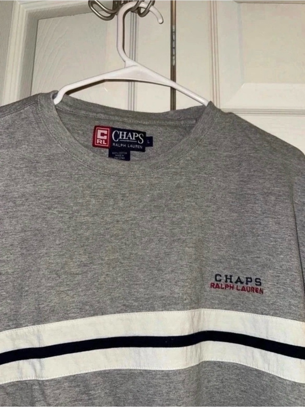 Chaps Gray Crewneck Sweater with White and Navy Stripes